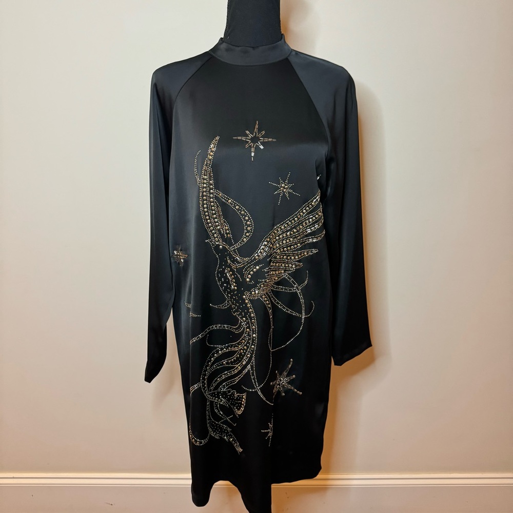 NWT H&M Phoenix Black Gold Beaded Embroidered Rhinestone Dress